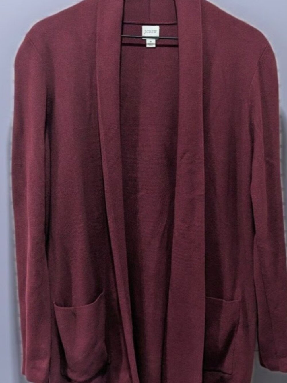 J.Crew Burgundy Wine Shawl Collar Open Front Knit Cardigan Sweater Pockets - Med - Picture 9 of 9